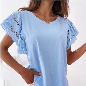Claudia G Jasmine T-Shirt Lace Ruffle Top in Pastel Baby Blue Fairy Romantic S